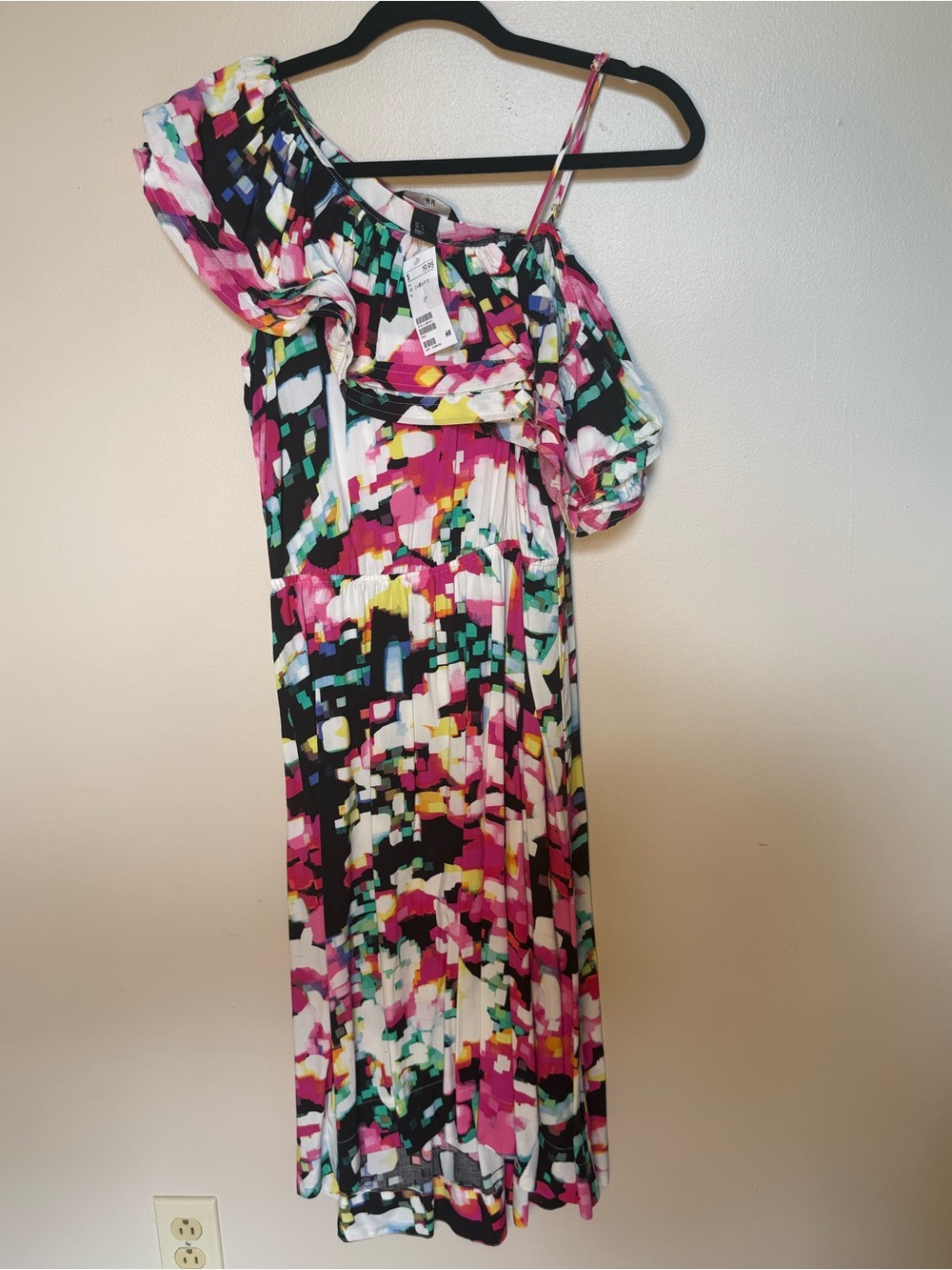 H&M NWT One-Shoulder Multicolor Abstract Print Midi Dress Ruffles 6